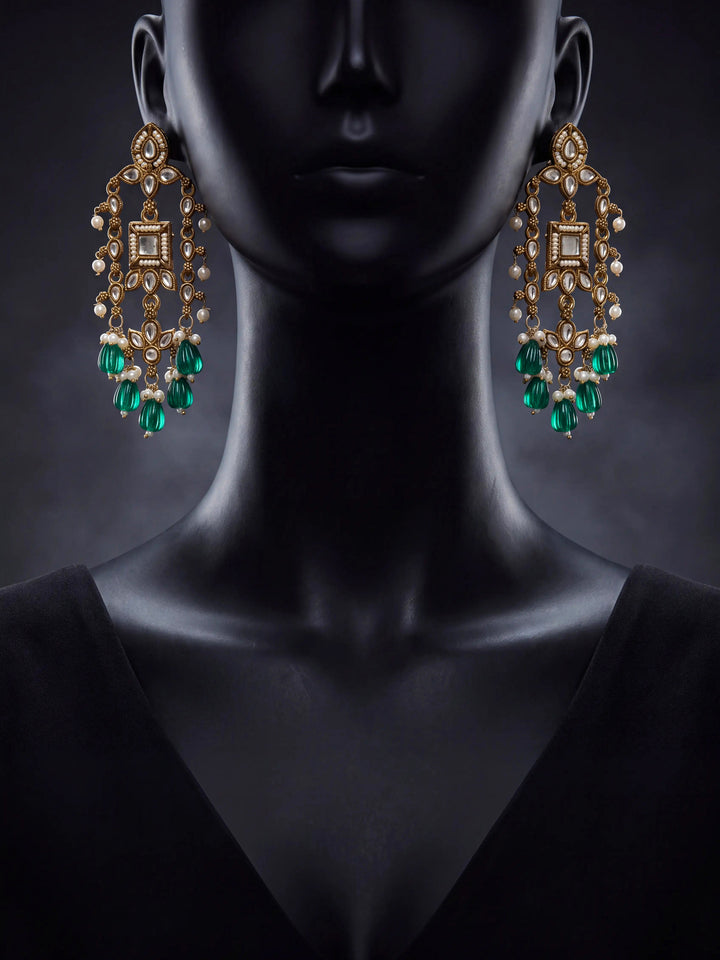 Libas Silver Tone Earrings with Green Pearl Drop