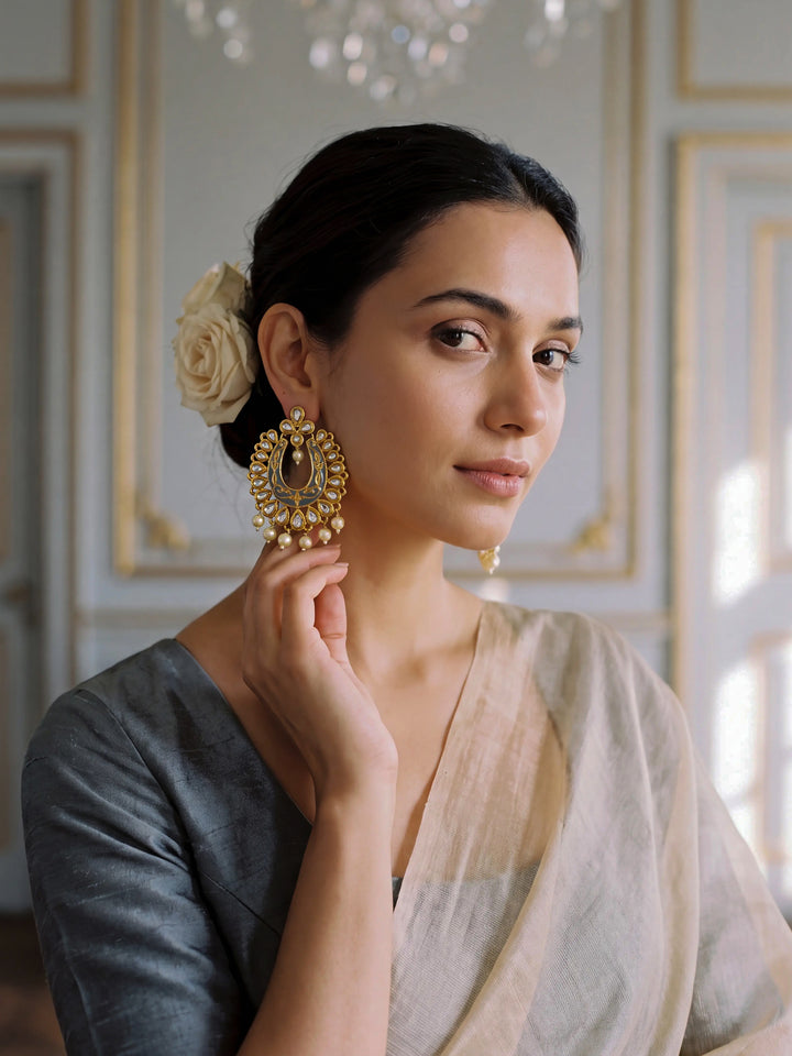 Libas Green Tone Earrings with Pearl Drop