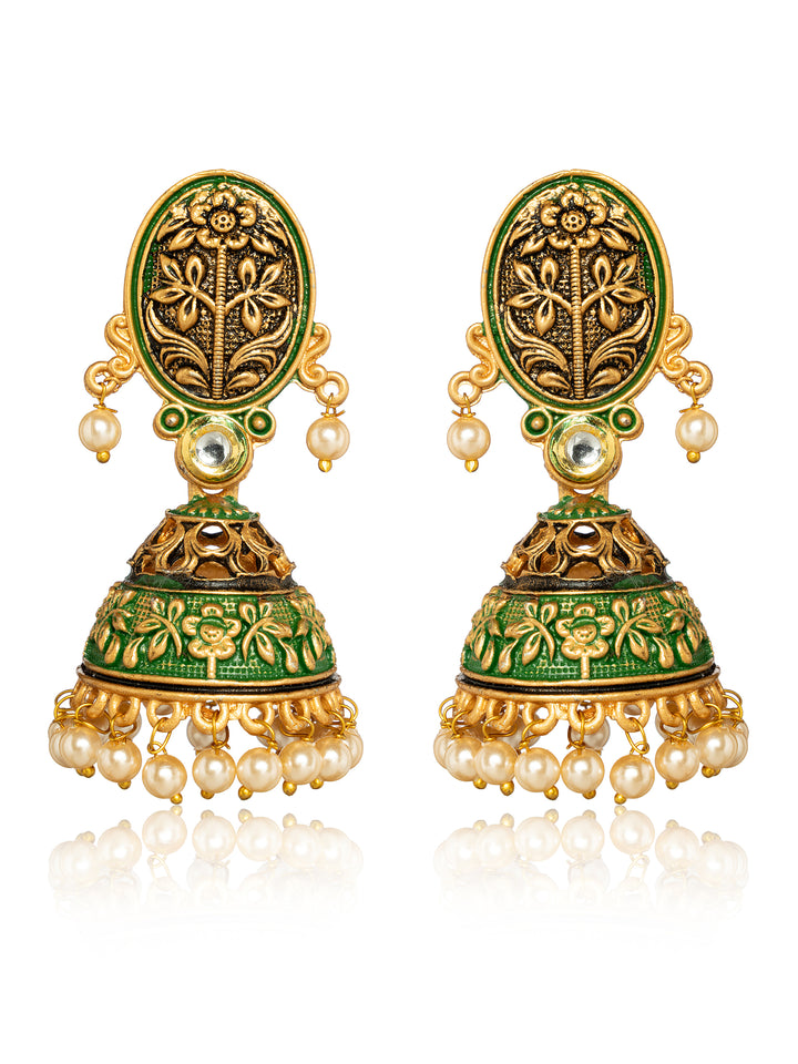 Libas Green Tone Earrings with Pearl Drop