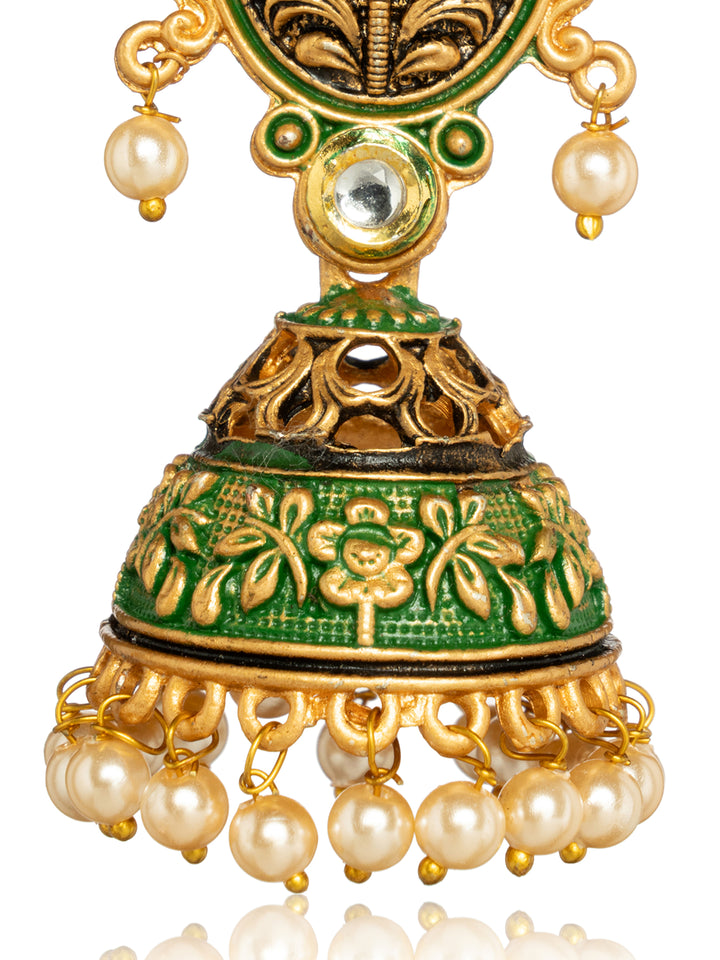Libas Green Tone Earrings with Pearl Drop