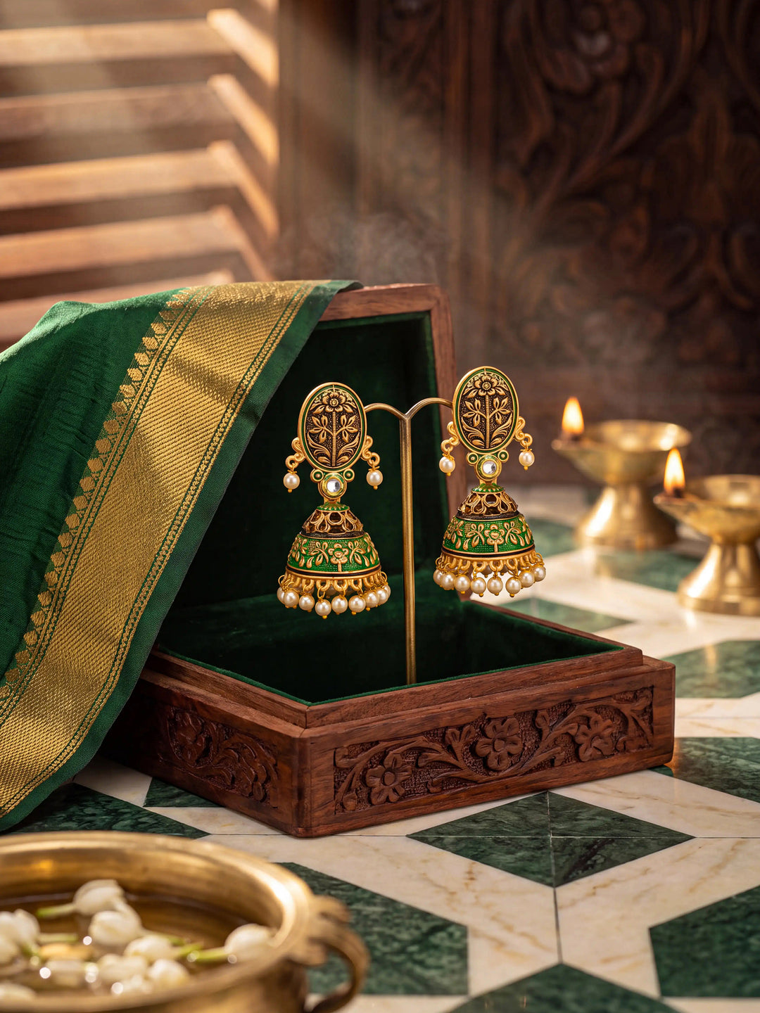 Libas Gold Tone Kundan Chandbali Earrings with Pearl Drop