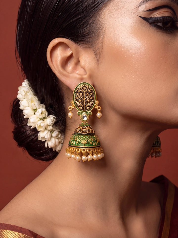 Libas Green Tone Earrings with Pearl Drop