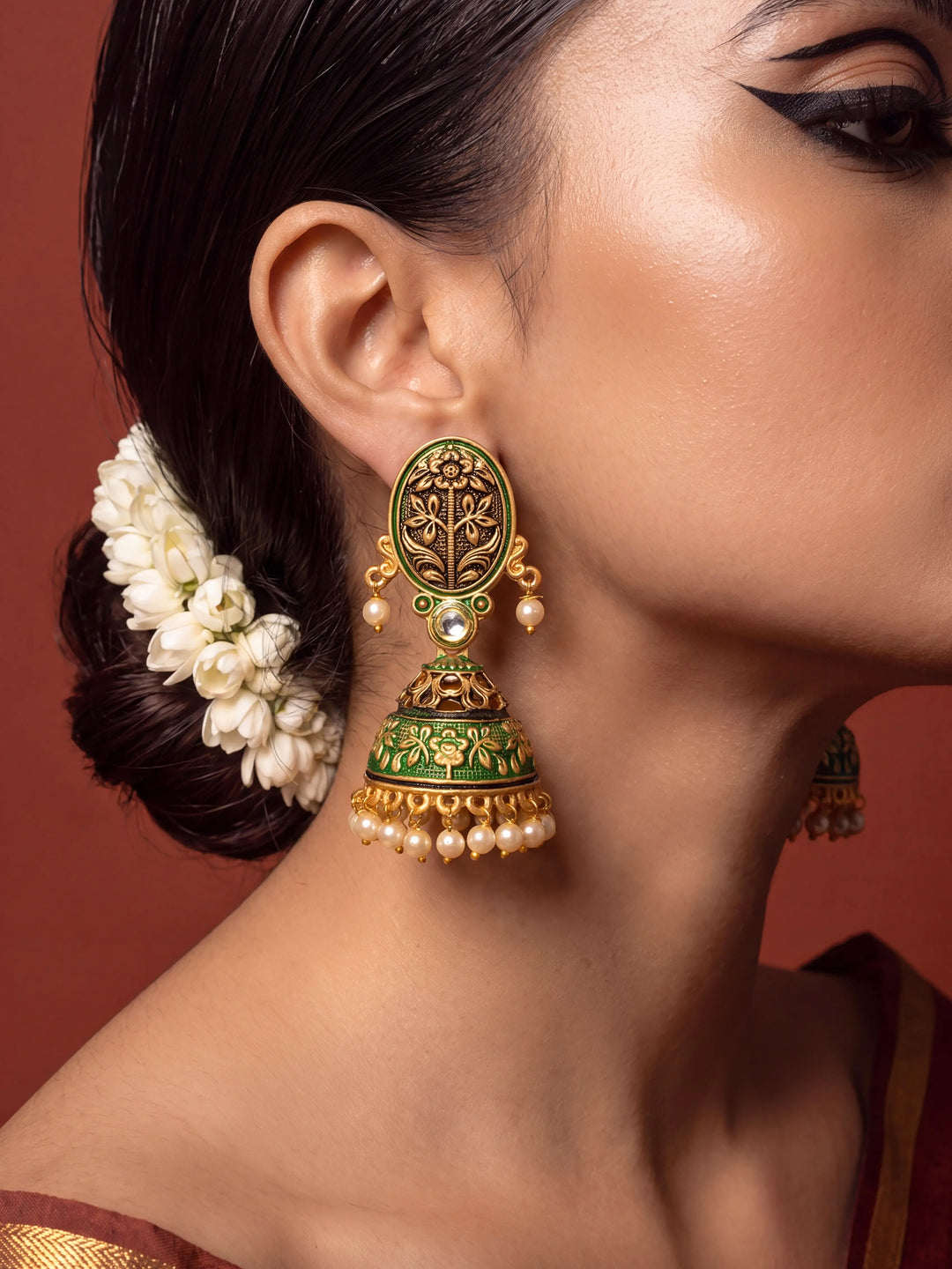 Libas Gold Tone Kundan Chandbali Earrings with Pearl Drop