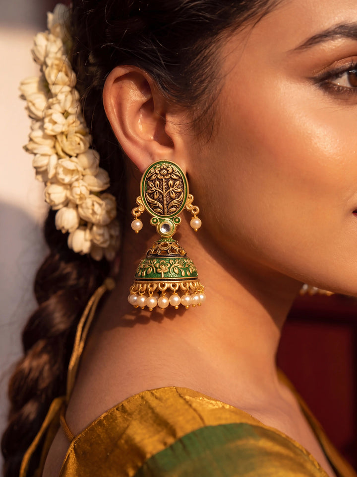 Libas Gold Tone Kundan Chandbali Earrings with Pearl Drop
