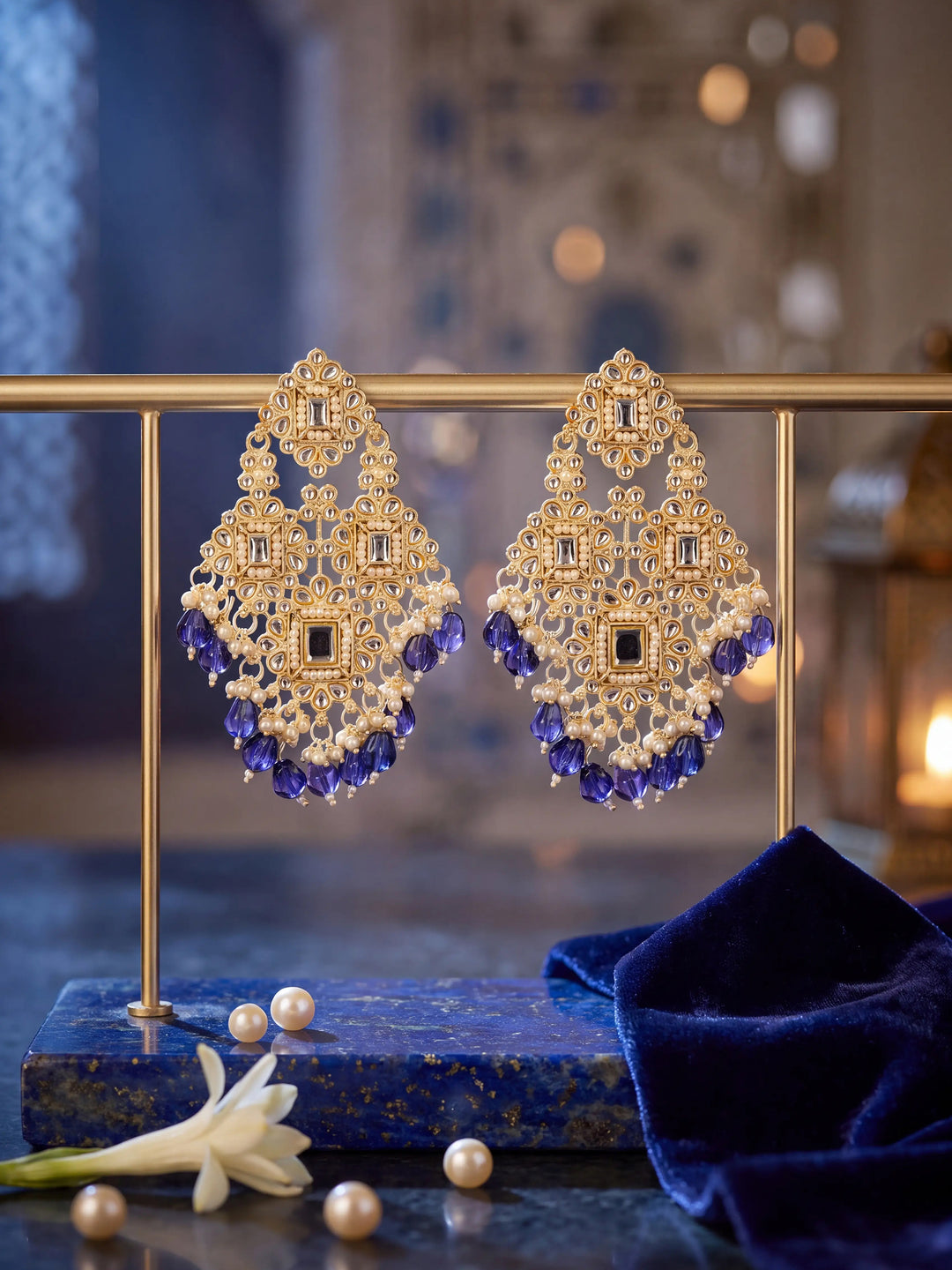 Libas Silver Tone Earrings with Blue Pearl Drop
