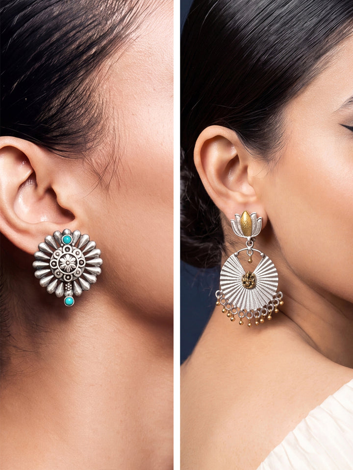Libas Set of 2: Silver Tone Floral Stud and Lotus Drop Earrings