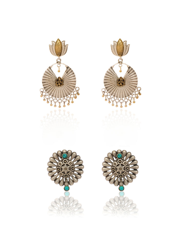 Libas Set of 2: Silver Tone Floral Stud and Lotus Drop Earrings