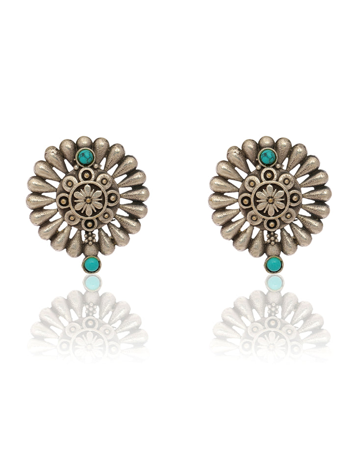 Libas Set of 2: Silver Tone Floral Stud and Lotus Drop Earrings
