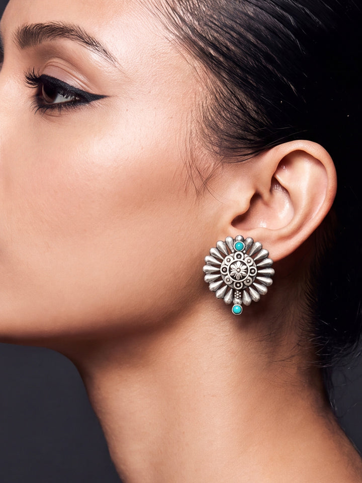 Libas Set of 2: Silver Tone Floral Stud and Lotus Drop Earrings