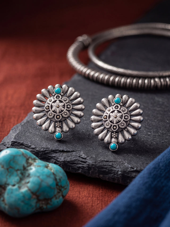 Libas Set of 2: Silver Tone Floral Stud and Lotus Drop Earrings