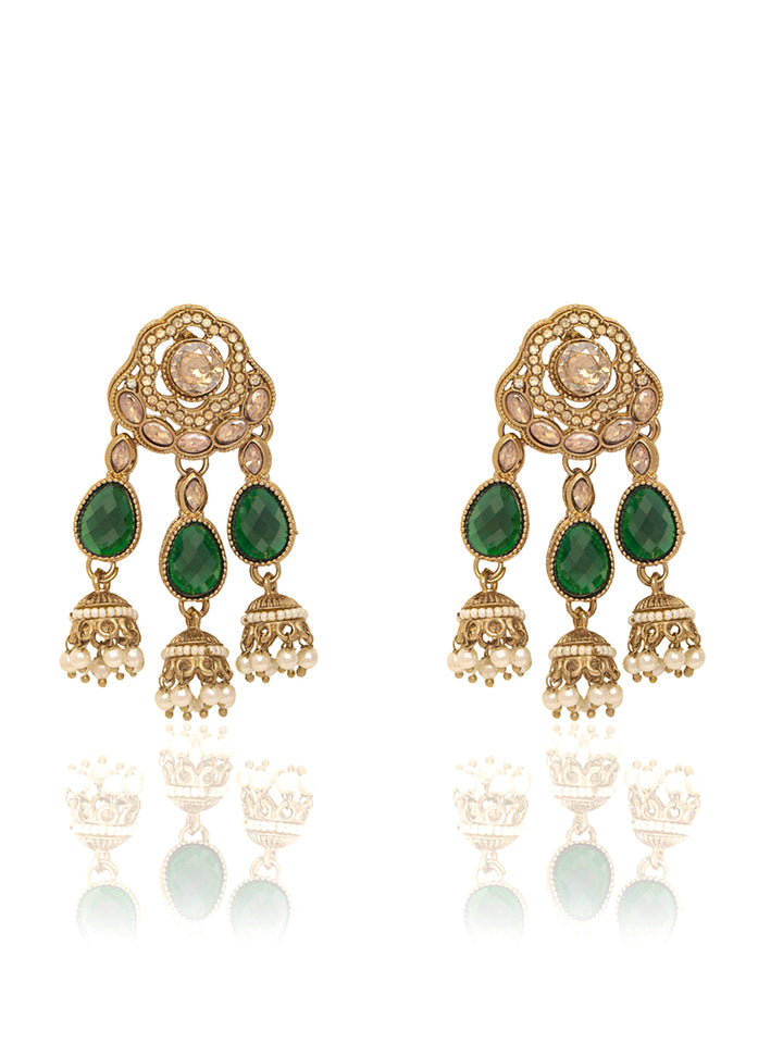 Libas Gold Tone Green Stone Jhumka Drop Chandelier Earrings
