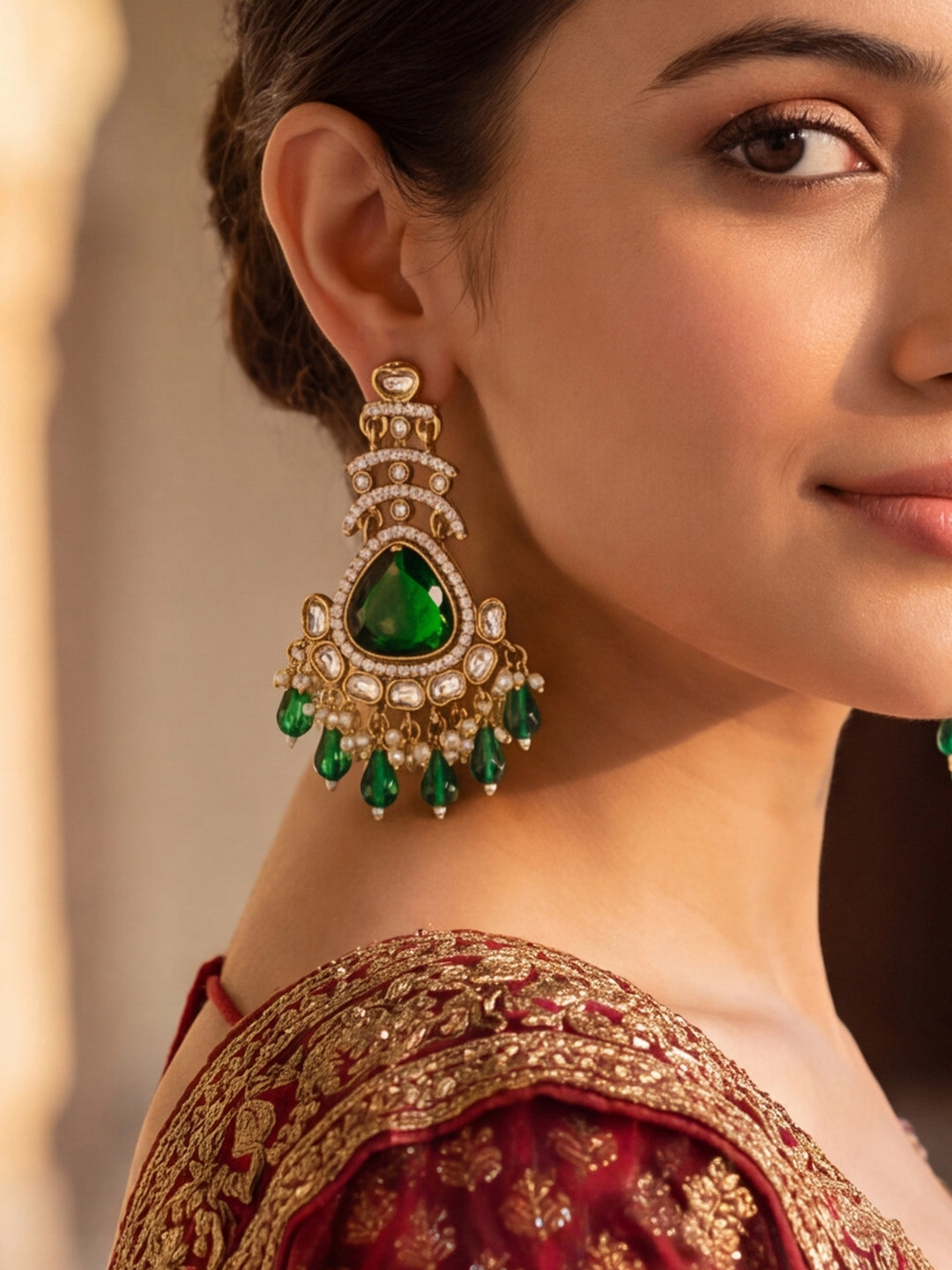 Libas Gold Tone Green Stone Chandelier Earrings