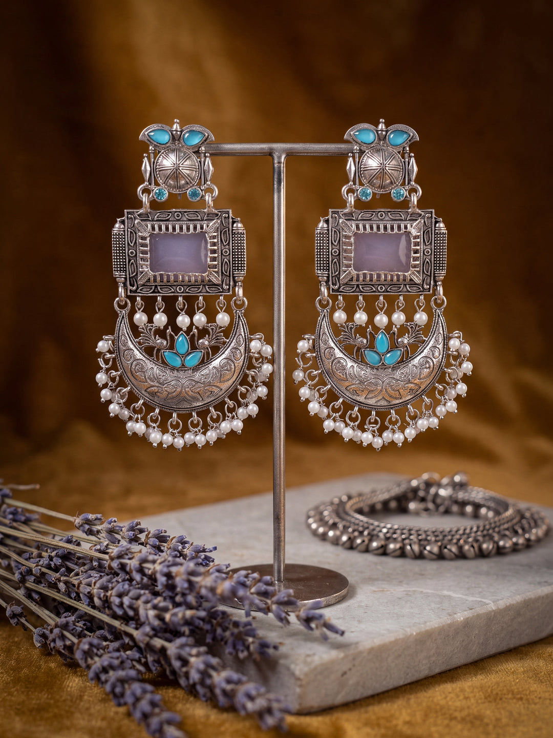 Libas Pink and Silver Oxidised Pearl Drop Alloy Chandbali Earrings
