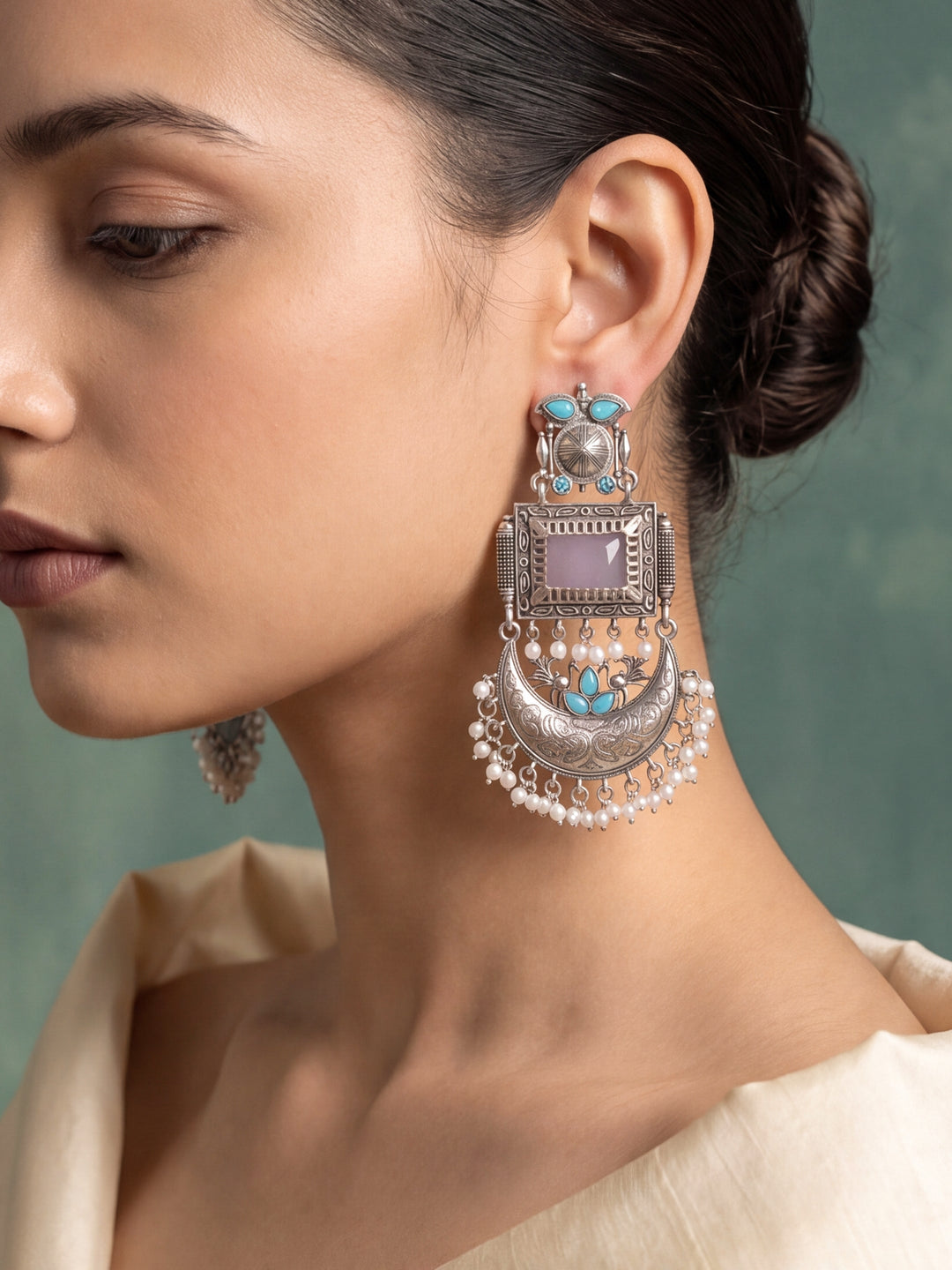 Libas Pink and Silver Oxidised Pearl Drop Alloy Chandbali Earrings