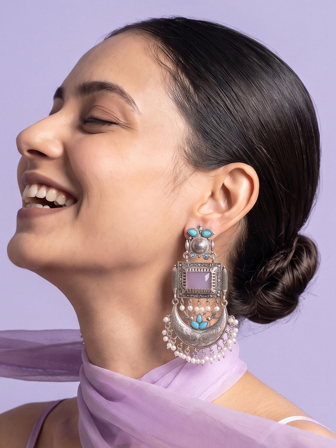 Libas Pink and Silver Oxidised Pearl Drop Alloy Chandbali Earrings
