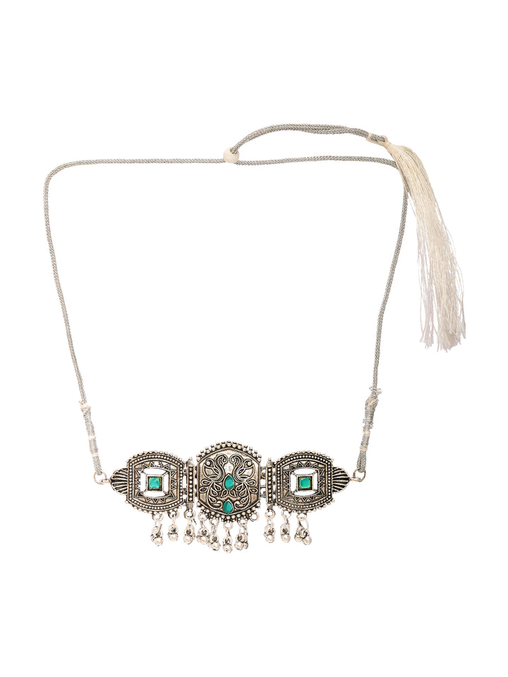 Libas Oxidised Silver Peacock Choker Necklace Set
