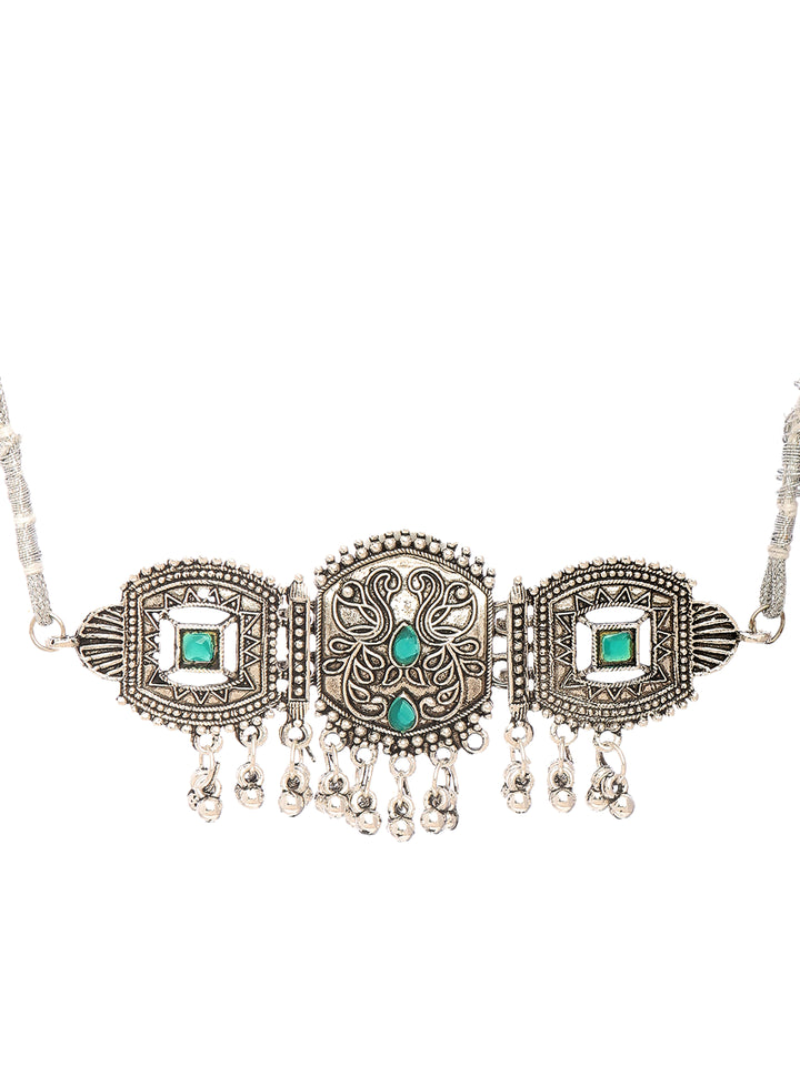 Libas Oxidised Silver Peacock Choker Necklace Set