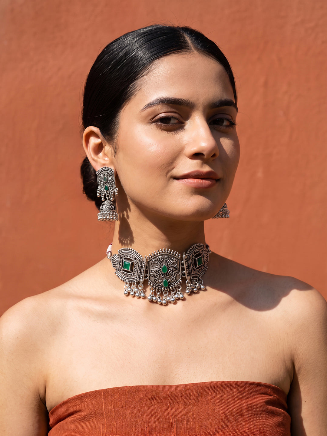 Libas Oxidised Silver Peacock Choker Necklace Set
