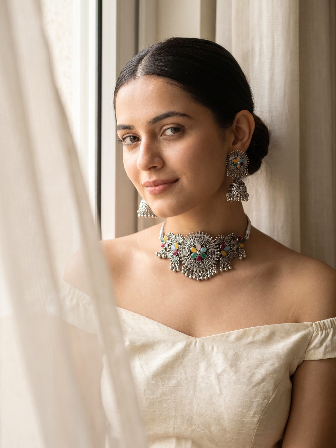 Libas Multi Stone Oxidized Choker Necklace Set