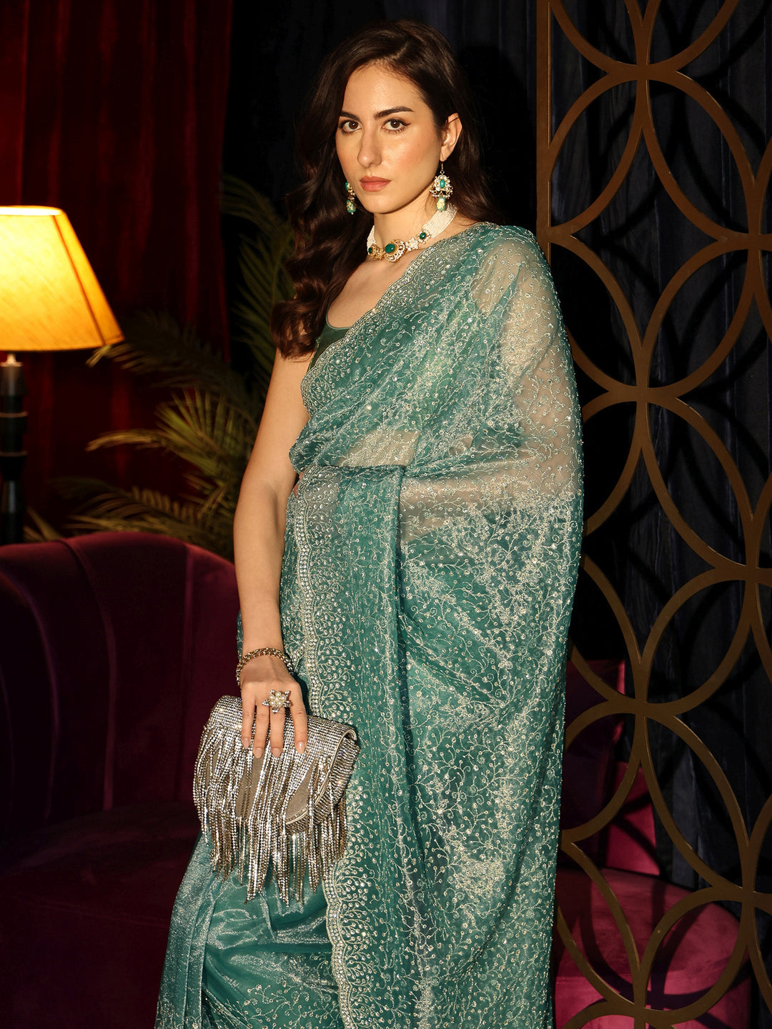Libas Jade Green Embellished Net Saree