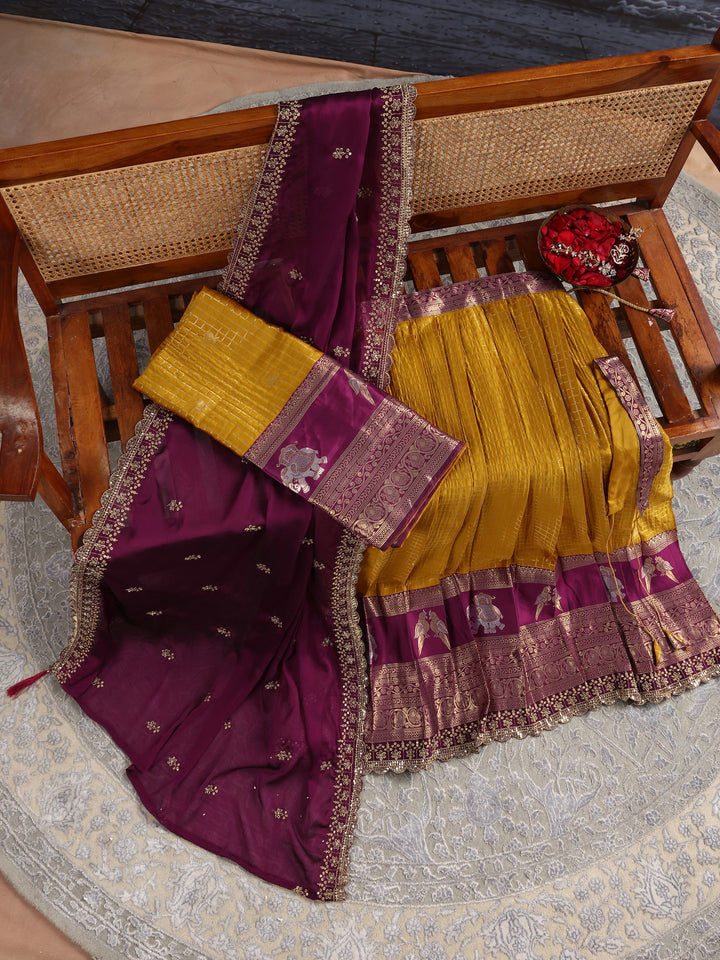 Libas Mustard Brocade Semi-Stitched Lehenga Choli