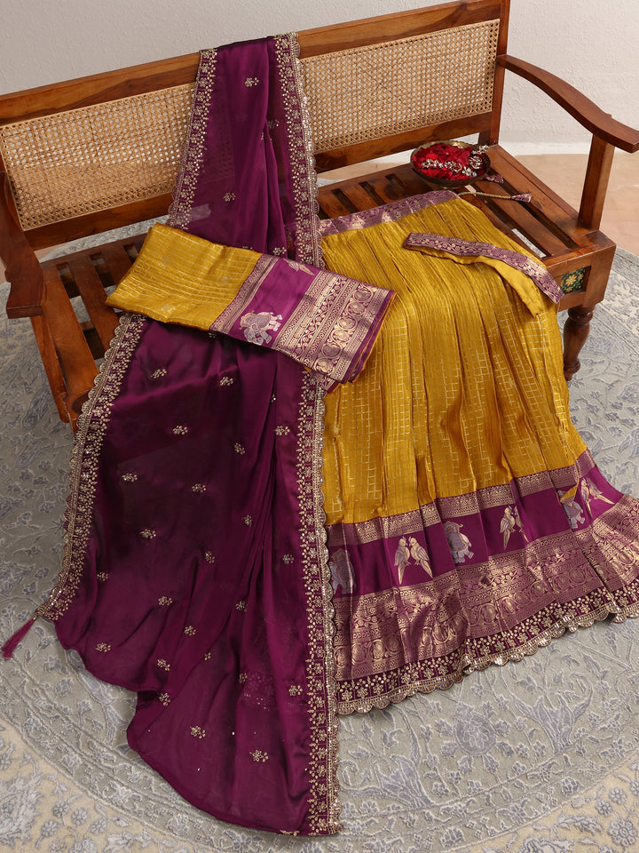 Libas Mustard Brocade Semi-Stitched Lehenga Choli