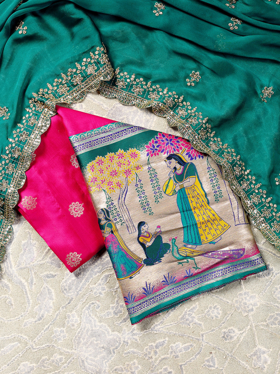 Libas Pink Tribal Printed Brocade Unstitched Lehenga Set