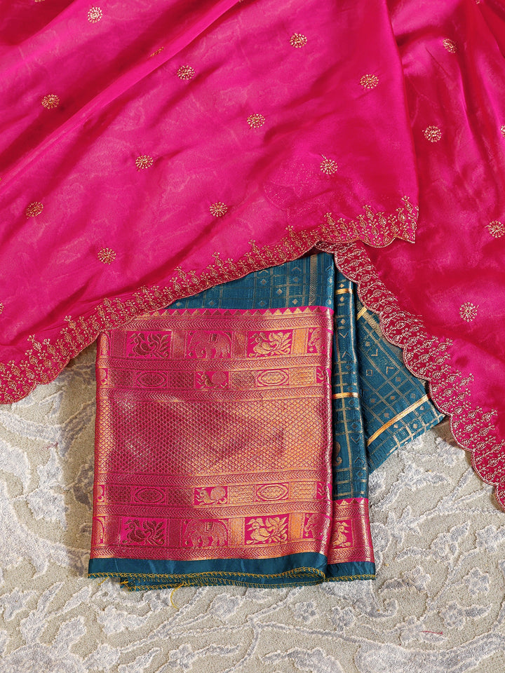 Libas Teal Blue Brocade Unstitched Lehenga Set