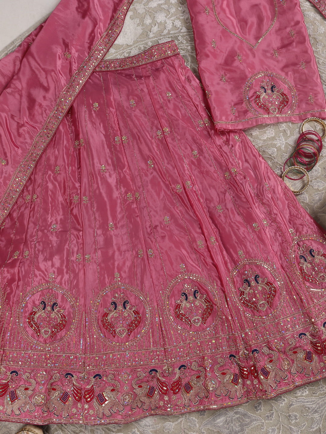 Libas Rose Pink Embroidered Satin Semi-Stitched Lehenga Choli