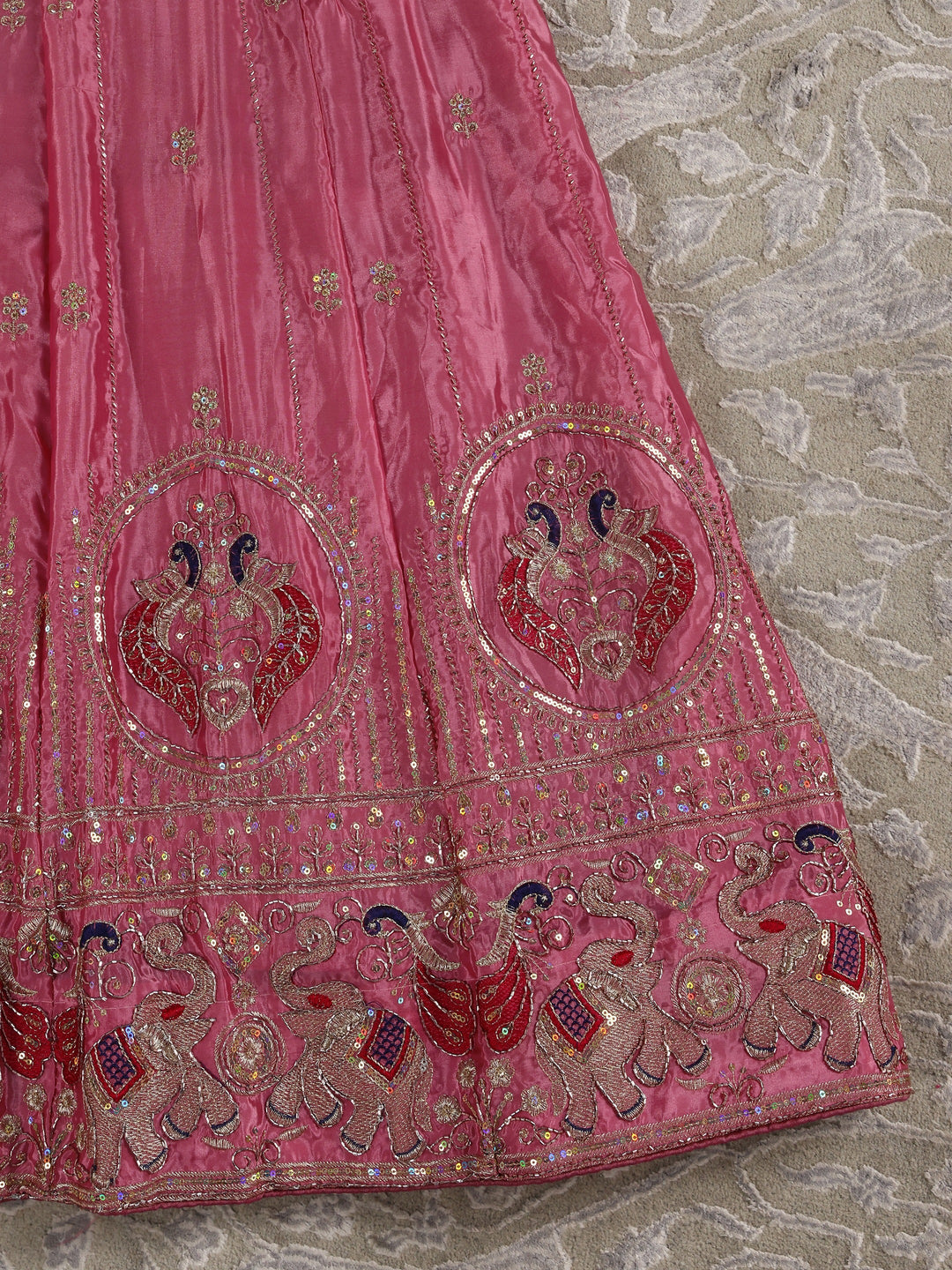 Libas Rose Pink Embroidered Satin Semi-Stitched Lehenga Choli