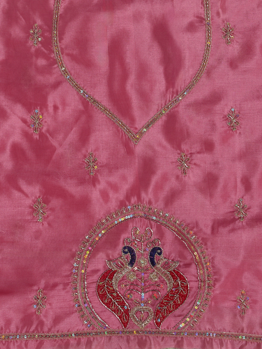 Libas Rose Pink Embroidered Satin Semi-Stitched Lehenga Choli