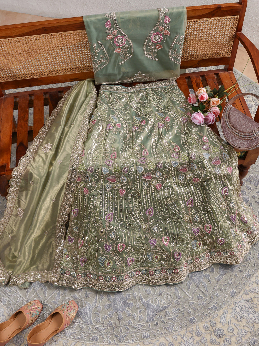 Libas  Green Floral Embellished Tissue Semi-Stitched Lehenga Choli