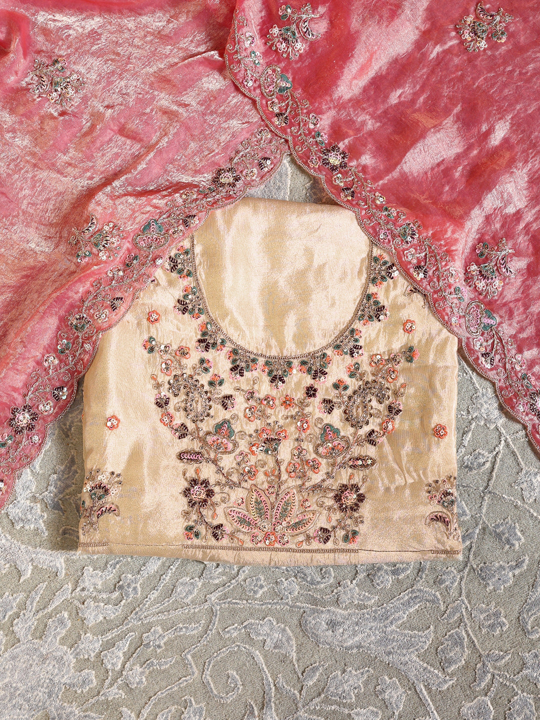 Libas Art Beige Floral Embellished Silk Blend Unstitched Lehenga Set