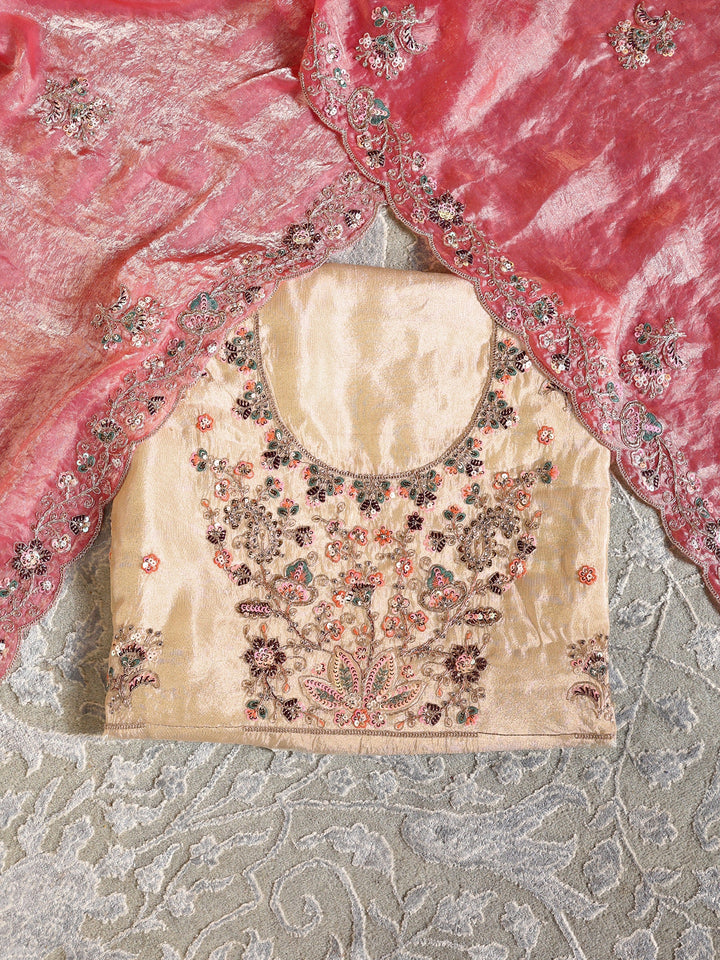 Libas Art Beige Floral Embellished Silk Blend Unstitched Lehenga Set
