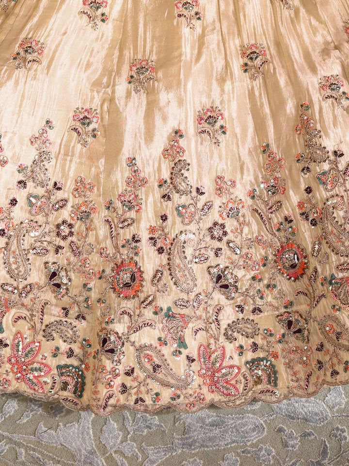 Libas Art Beige Floral Embellished Silk Blend Unstitched Lehenga Set