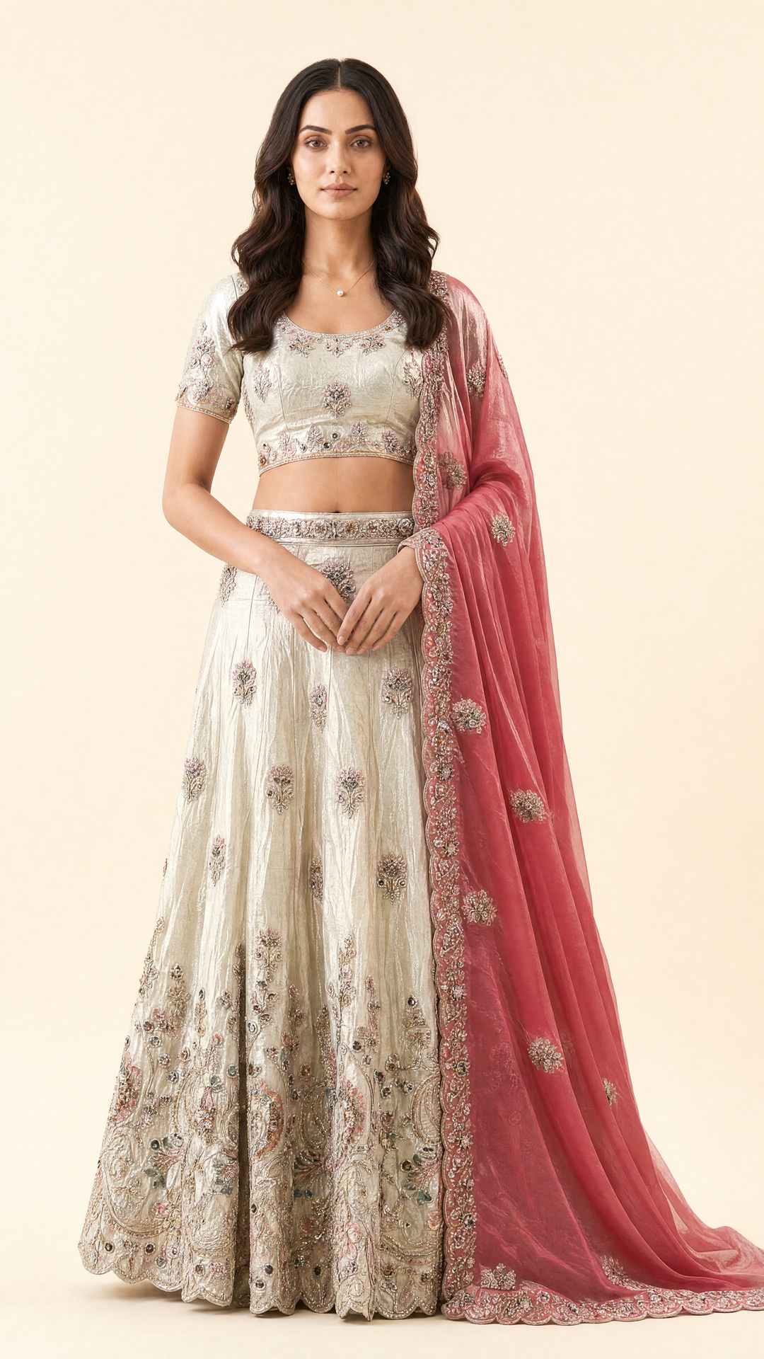 Libas Art Beige Floral Embellished Silk Blend Unstitched Lehenga Set