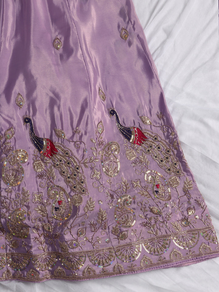 Libas Lavender Peacock Embroidered Tissue Semi-Stitched Lehenga Choli