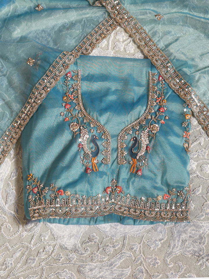 Libas Art Blue Zari Embellished Tissue Unstitched Lehenga Set