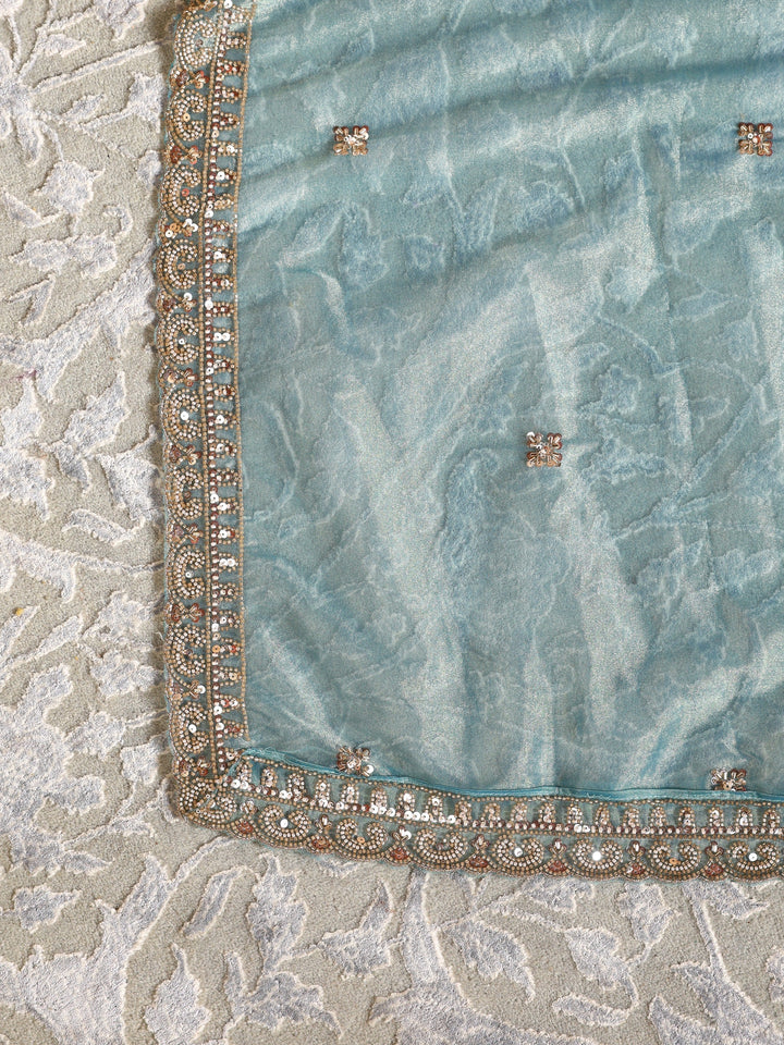 Libas Art Blue Zari Embellished Tissue Unstitched Lehenga Set