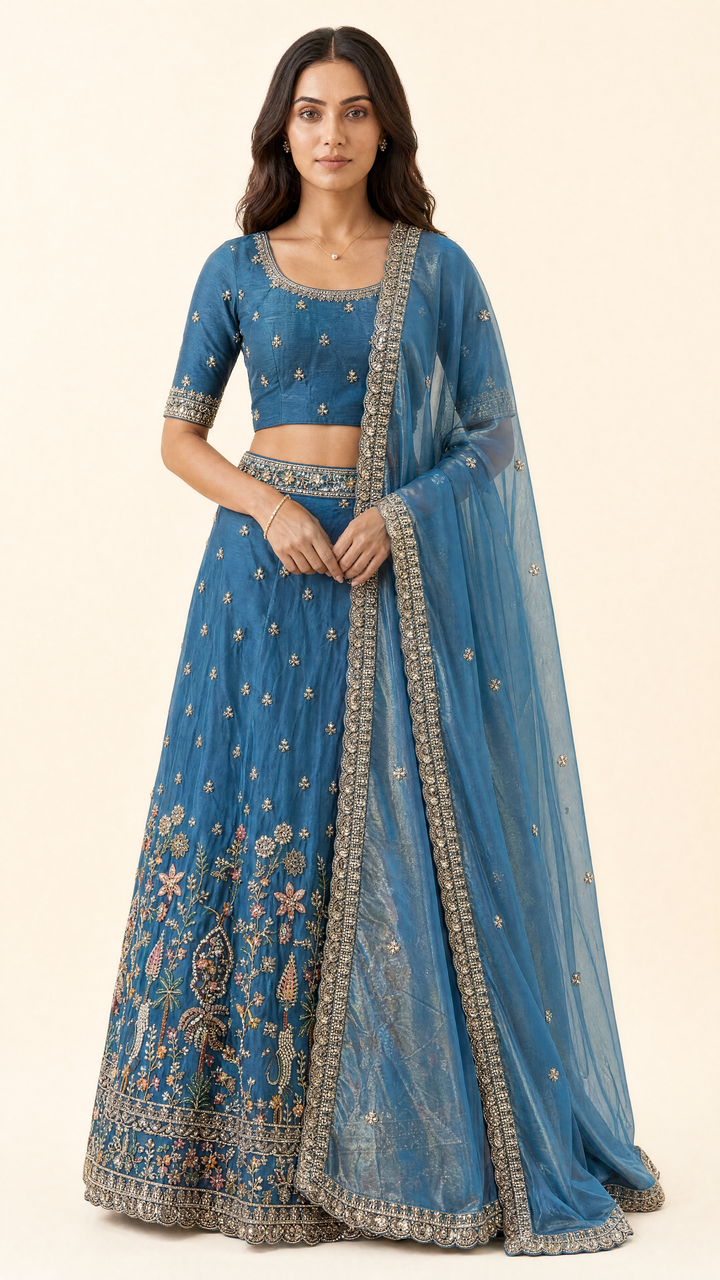 Libas Art Blue Zari Embellished Tissue Unstitched Lehenga Set