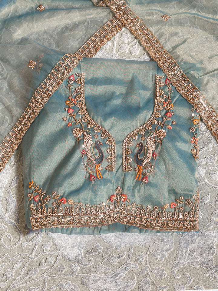 Libas Art Turquoise Blue Floral Embellished Net Unstitched Lehenga Set