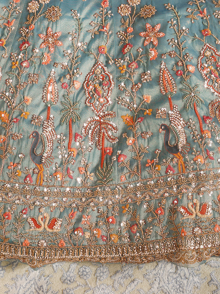 Libas Art Turquoise Blue Floral Embellished Net Unstitched Lehenga Set