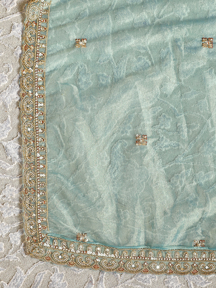 Libas Art Turquoise Blue Floral Embellished Net Unstitched Lehenga Set