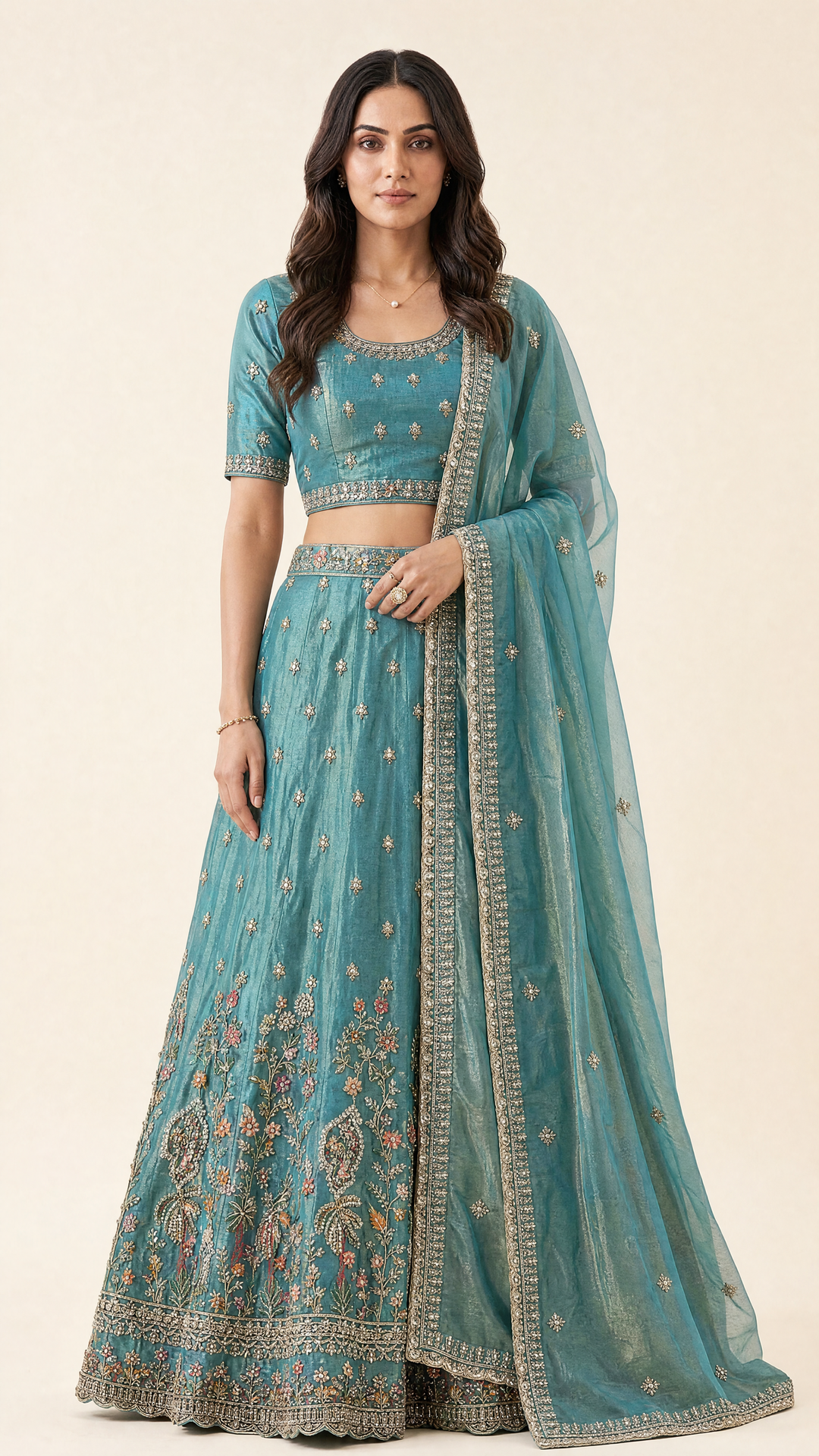 Libas Art Turquoise Blue Floral Embellished Net Unstitched Lehenga Set