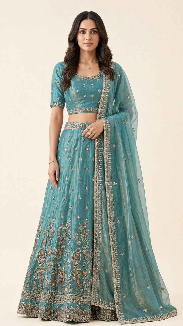 Libas Art Turquoise Blue Floral Embellished Net Unstitched Lehenga Set