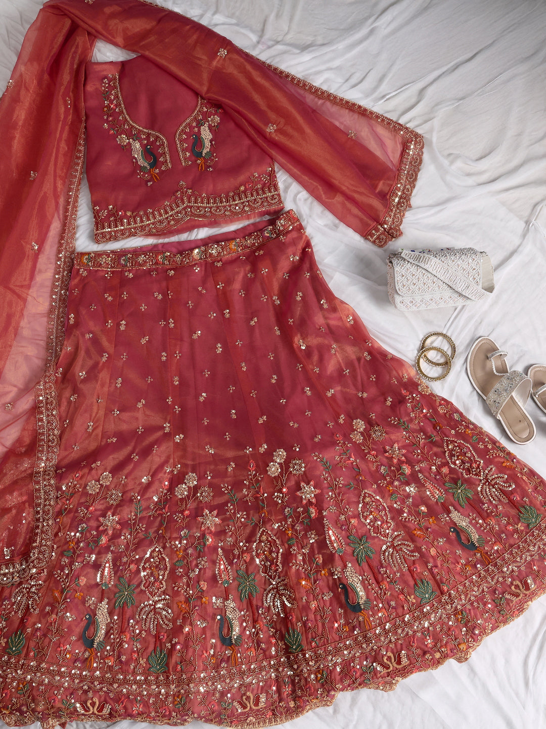 Libas Art Pink Floral Embellished Net Semi-Stitched Lehenga Choli