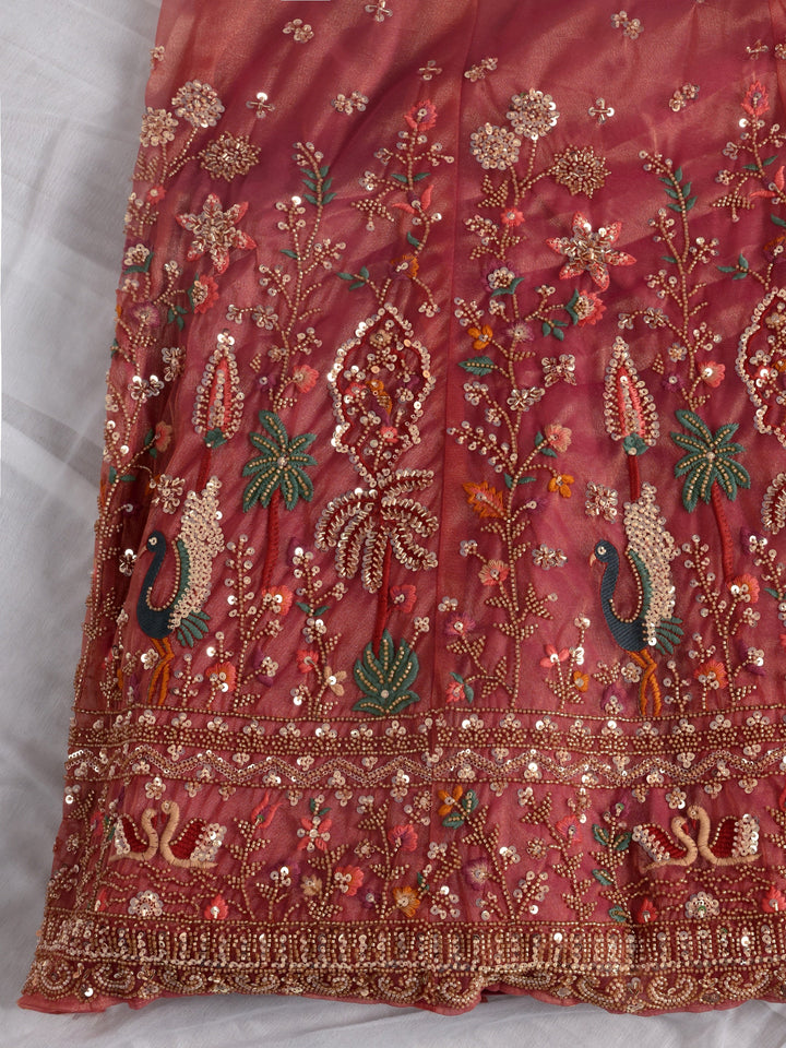 Libas Art Pink Floral Embellished Net Semi-Stitched Lehenga Choli