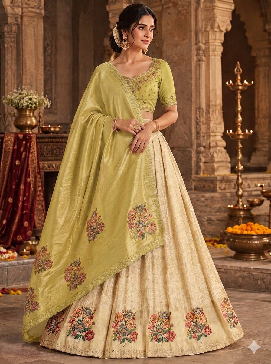 Libas Art Golden Embroidered Silk Blend Semi-Stitched Lehenga Choli