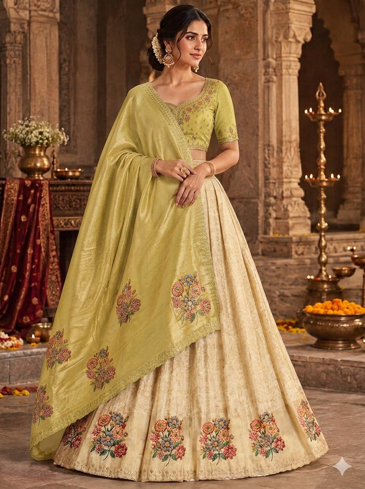 Libas Art Golden Embroidered Silk Blend Semi-Stitched Lehenga Choli
