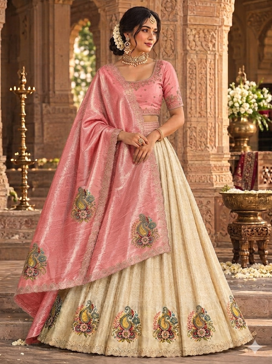 Libas Art Golden Embroidered Hem Silk Blend Unstitched Lehenga Set